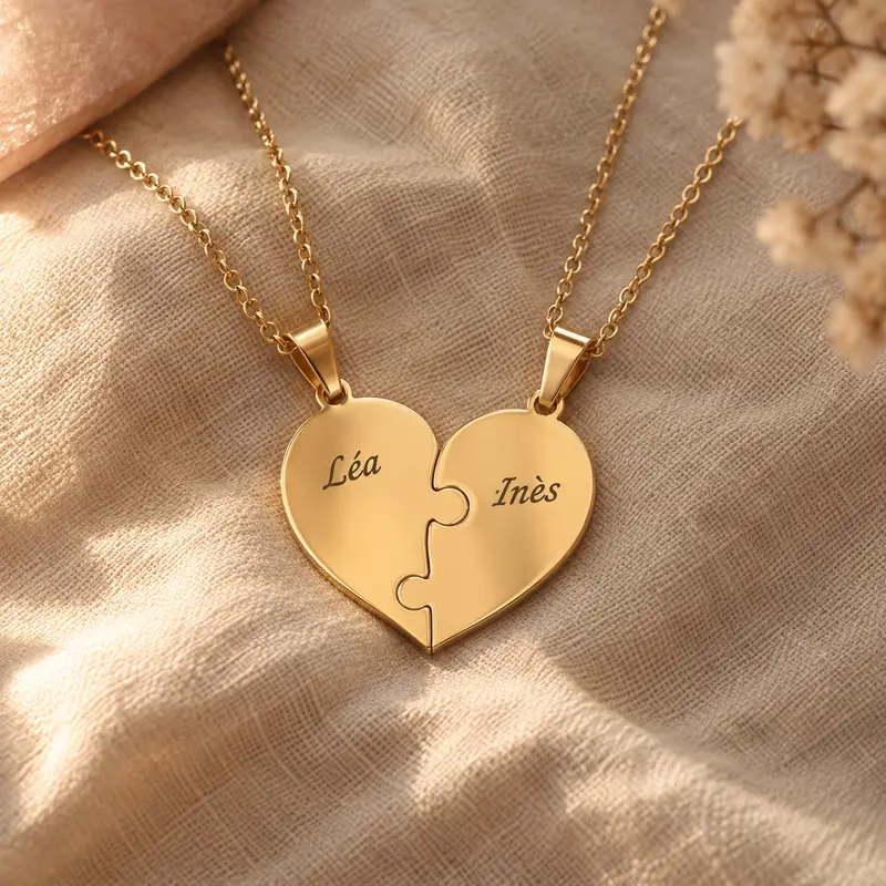 Collier cœur puzzle doré en deux morceaux, gravés Léa et Inès, posé sur un lin beige