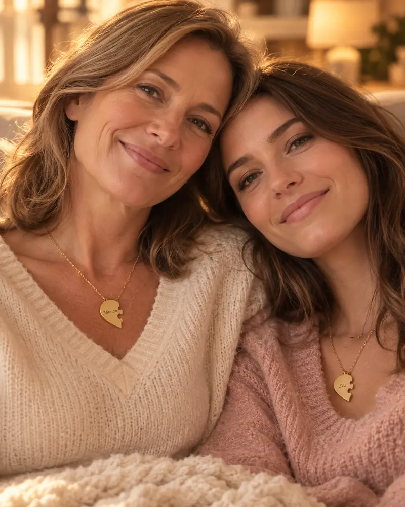 Une mère et sa fille, tête contre tête, portent chacune leur morceau du cœur